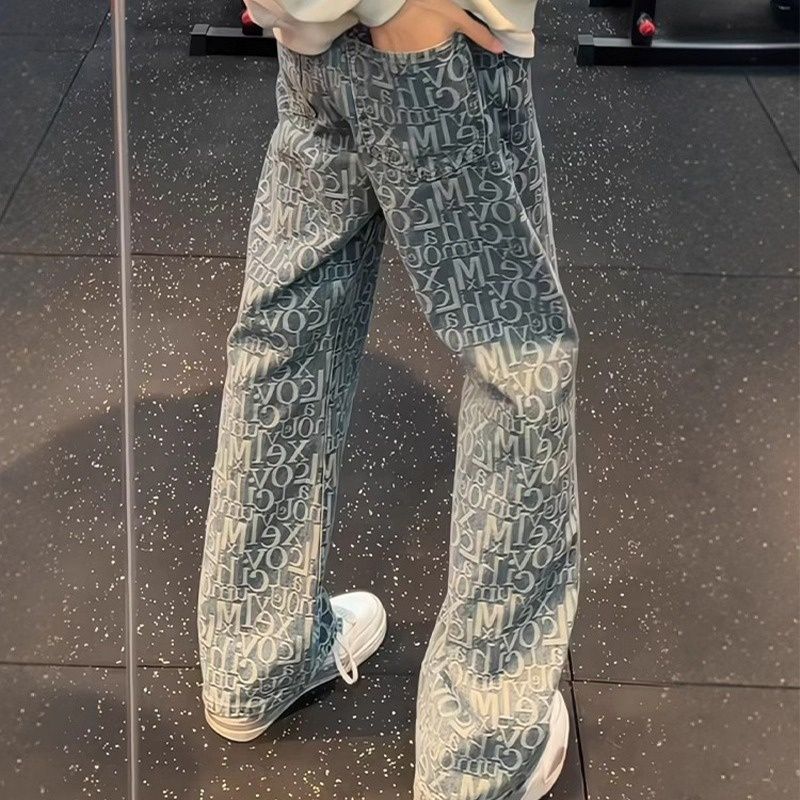 BOY 2025 Trendy Brand Retro Letter Full Print Jeans Men's Summer Light Blue American Style Vibe Scimitar Flared Pants_mkmklike.com