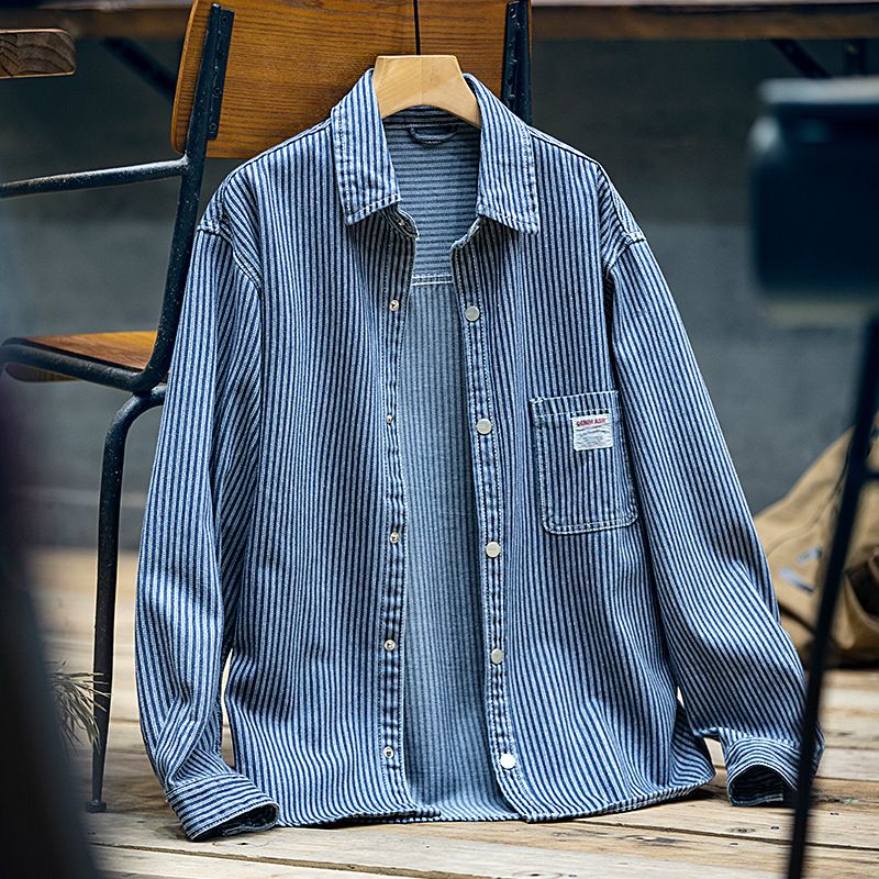 Autumn Thick Striped Shirt Men's Casual Loose Long Sleeved Men's Shirt Jacket_mkmklike.com