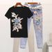 Women's Version Heavy Beaded Embroidery Short Sleeve + Skinny Ripped Jeans Suit For Women_mkmklike.com