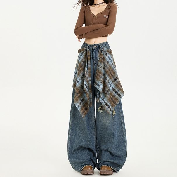 High Street Fart Curtain Wide-Leg Jeans For Women 2025 Autumn New Slim High-Waist Loose Retro Ripped Straight Pants_mkmklike.com
