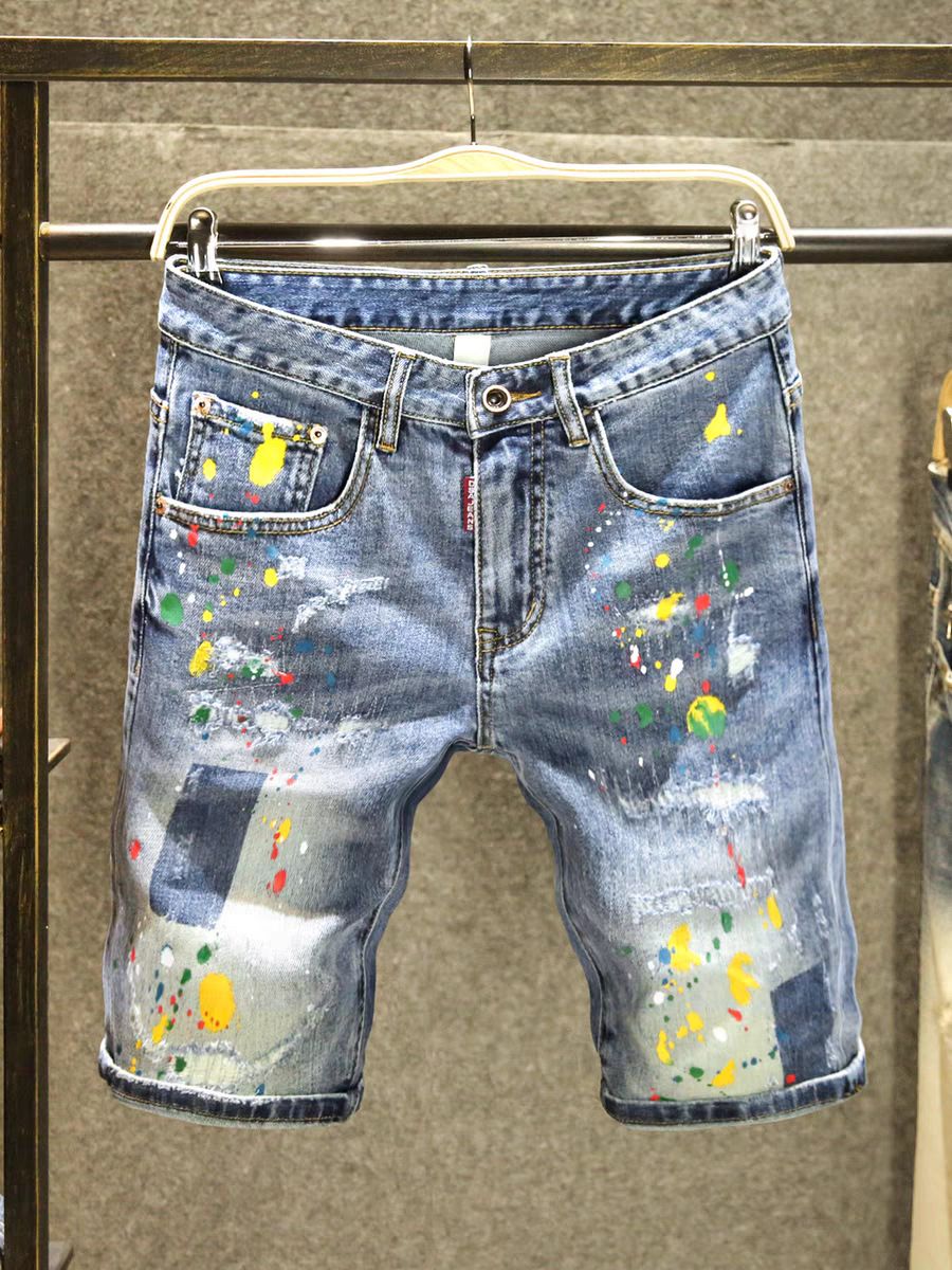 Summer Trendy Brand Contrast Color Shorts Men's High Street Handsome Ripped Patch Jeans Men's Trendy Ink Splashed Loose Shorts_mkmklike.com