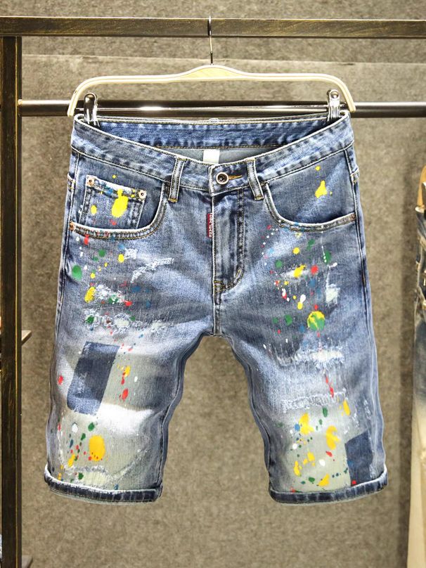Summer Trendy Brand Contrast Color Shorts Men's High Street Handsome Ripped Patch Jeans Men's Trendy Ink Splashed Loose Shorts_mkmklike.com