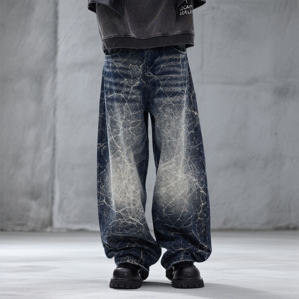 Men's Electric Blue Graffiti Denim Jeans - Oversized Straight Leg With Hand-Painted Artwork (S-3xl) - Streetwear Essential_mkmklike.com