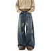 American Cat Whisker Curved Knife Jeans For Men's High Street, Loose Design, Clean Fit Straight Wide Leg Long Pants_mkmklike.com
