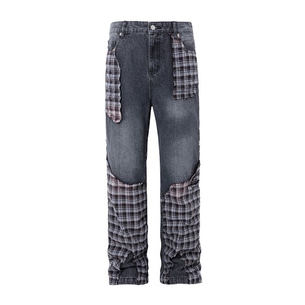 Patchwork Plaid Denim Men Streetwear Irregular Design Sense Niche Vintage Washed Small Straight Pants_mkmklike.com