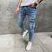 Slim Fit Stretch Denim Jeans For Men - Classic Blue Washed Skinny Jeans With Comfortable Mid-Rise Waist & Stylish Distressed Details_mkmklike.com