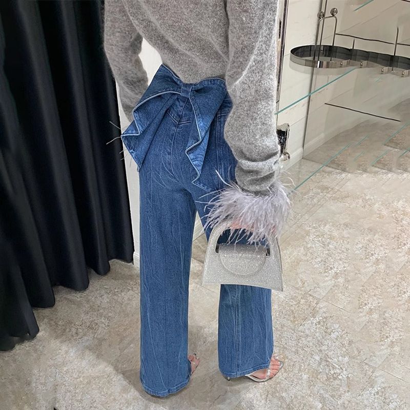 Women's Clothing Fashionable And Elegant Jeans For Women Spring New Bow Stitching Design Slim Fit High Waist Straight Pants_mkmklike.com