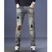Men's Slim Fit Retro Jeans Trendy Brand Embroidered Blue Cotton Pants Mid Waist Spring Autumn New_mkmklike.com