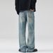 Vintage Washed Blue Straight Leg Denim Jeans For Men & Women - 100% Cotton Cleanfit Retro Style With Distressed Details_mkmklike.com