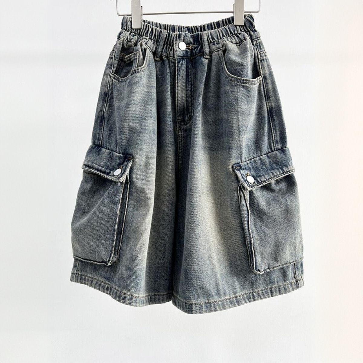 Men's Summer Thin Denim Shorts Multi Pocket Loose Fit American High Street Style Trendy Cool Elastic Waist Five Point Pants_mkmklike.com