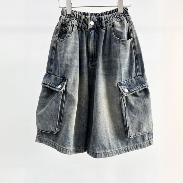 Men's Summer Thin Denim Shorts Multi Pocket Loose Fit American High Street Style Trendy Cool Elastic Waist Five Point Pants_mkmklike.com