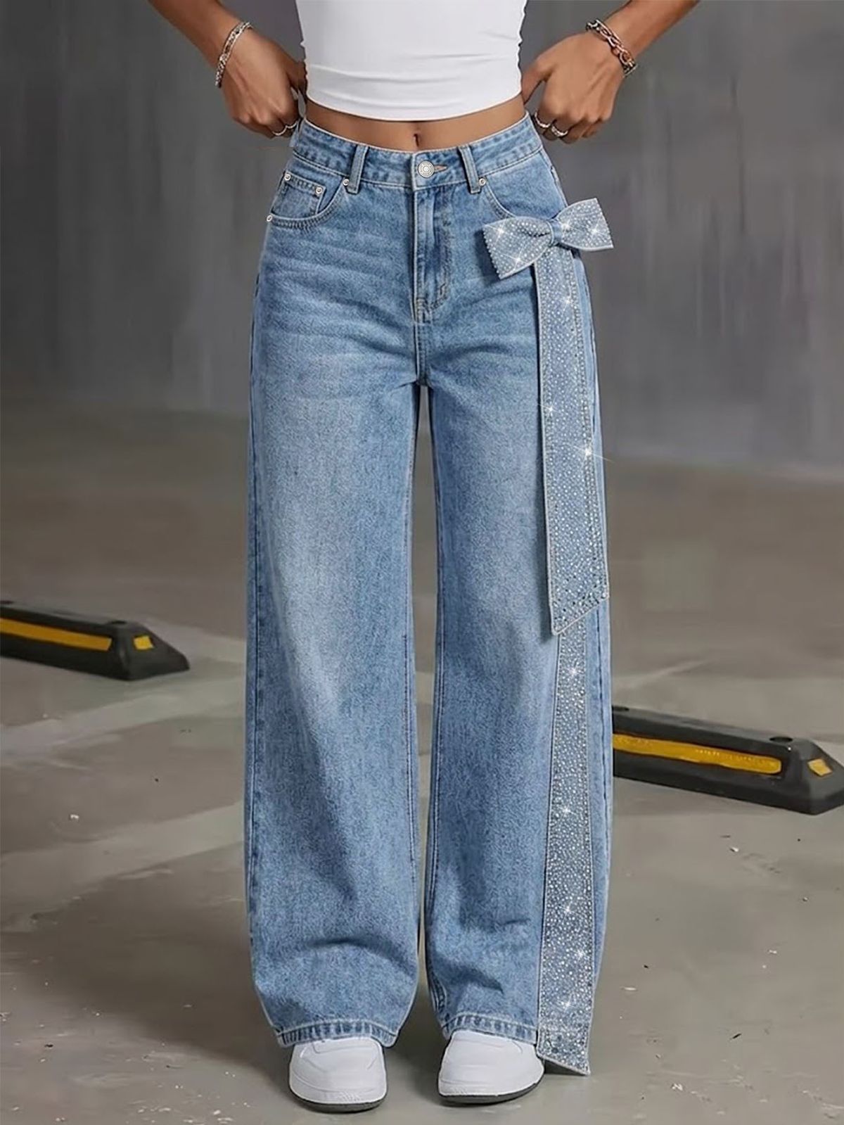 Korean Style Wide Leg Jeans for Women Heavy Rhinestone Bow High Waist Floor Length Pants with Flowing Ribbon Design_mkmklike.com