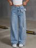 Korean Style Wide Leg Jeans for Women Heavy Rhinestone Bow High Waist Floor Length Pants with Flowing Ribbon Design_mkmklike.com