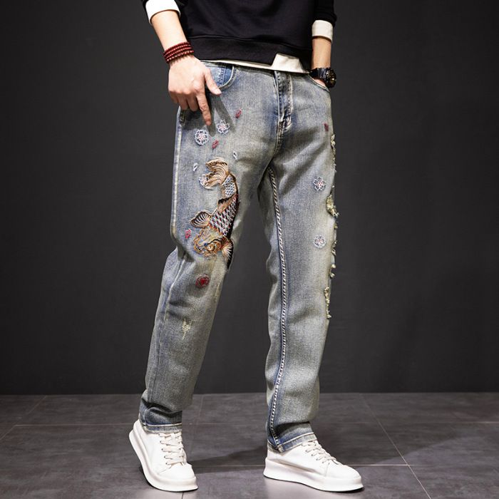 Men's Clothing Spring And Autumn New Yellow Mud Embroidered Jeans For Men High End Large Size Ripped Carp Embroidered Loose Straight Through Trendy_mkmklike.com