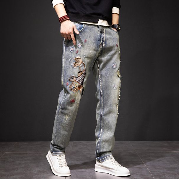 Men's Clothing Spring And Autumn New Yellow Mud Embroidered Jeans For Men High End Large Size Ripped Carp Embroidered Loose Straight Through Trendy_mkmklike.com