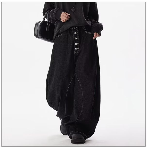 Vintage Washed Black Jeans With Button Fly & Relaxed Fit – Trendy Wide-Leg Denim Pants For Men & Women_mkmklike.com