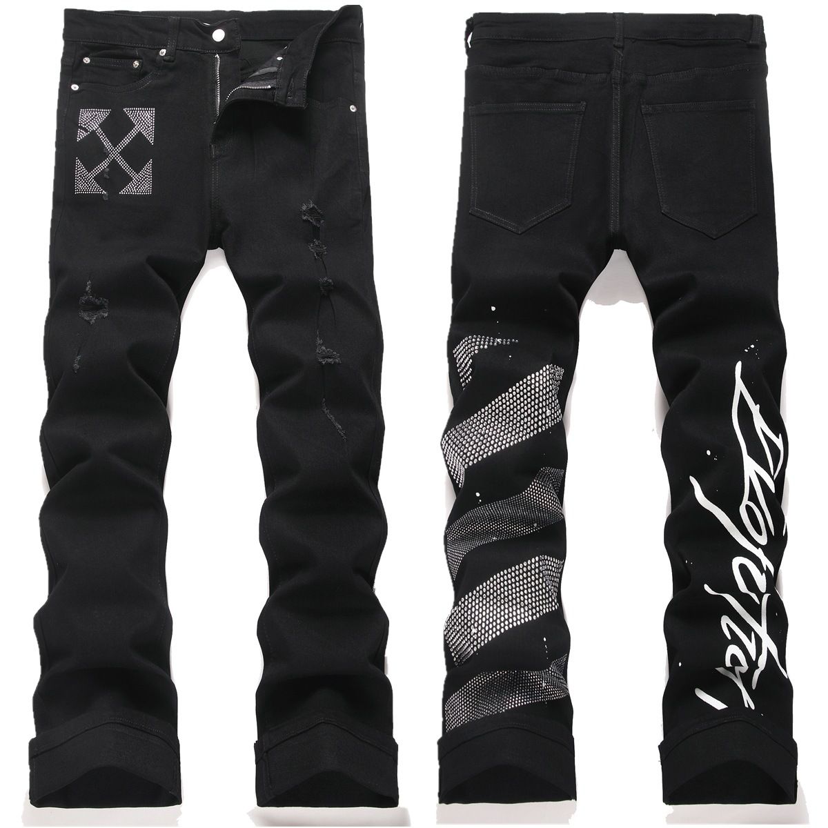 Men's Clothing Men's Distressed Denim Jeans With Rhinestone & Print Design - Trendy Flared Pants For Streetwear Fashion (S8272)_mkmklike.com