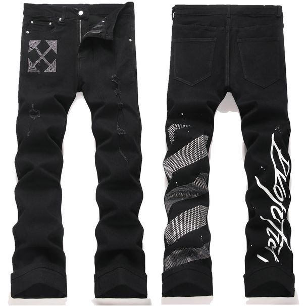 Men's Clothing Men's Distressed Denim Jeans With Rhinestone & Print Design - Trendy Flared Pants For Streetwear Fashion (S8272)_mkmklike.com