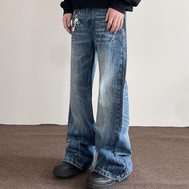 Men's Cracked Wash Denim Jeans - Vintage Blue Straight-Leg Bootcut Pants (Light Blue, S-XXL)_mkmklike.com
