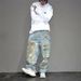Men's Clothing Vibe High Street Personality Graffiti Loose Ripped Beggar Jeans Men's Niche Cool Wide Leg Trousers_mkmklike.com