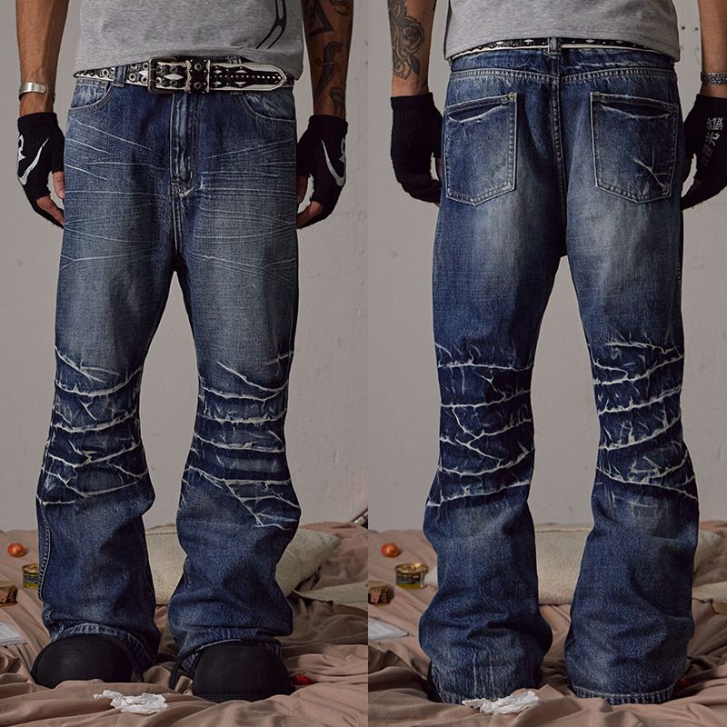 Industrial Washed Blue Distressed Straight Flared Jeans | Asian Cleanfit Style | Water Ripple Texture | Men's Relaxed Fit_mkmklike.com