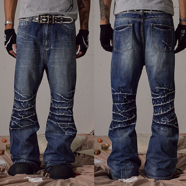Industrial Washed Blue Distressed Straight Flared Jeans | Asian Cleanfit Style | Water Ripple Texture | Men's Relaxed Fit_mkmklike.com