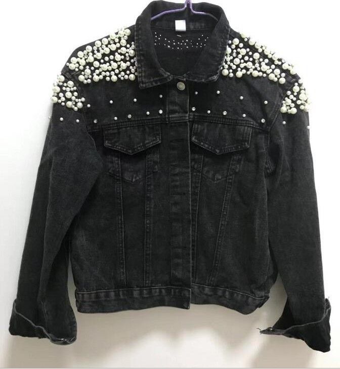 Women's Embroidered Denim Jacket With Beads & Pearls – Oversized Casual Coat, Comfortable & Stylish, S-5XL (Black/Blue)_mkmklike.com