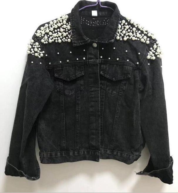 Women's Embroidered Denim Jacket With Beads & Pearls – Oversized Casual Coat, Comfortable & Stylish, S-5XL (Black/Blue)_mkmklike.com