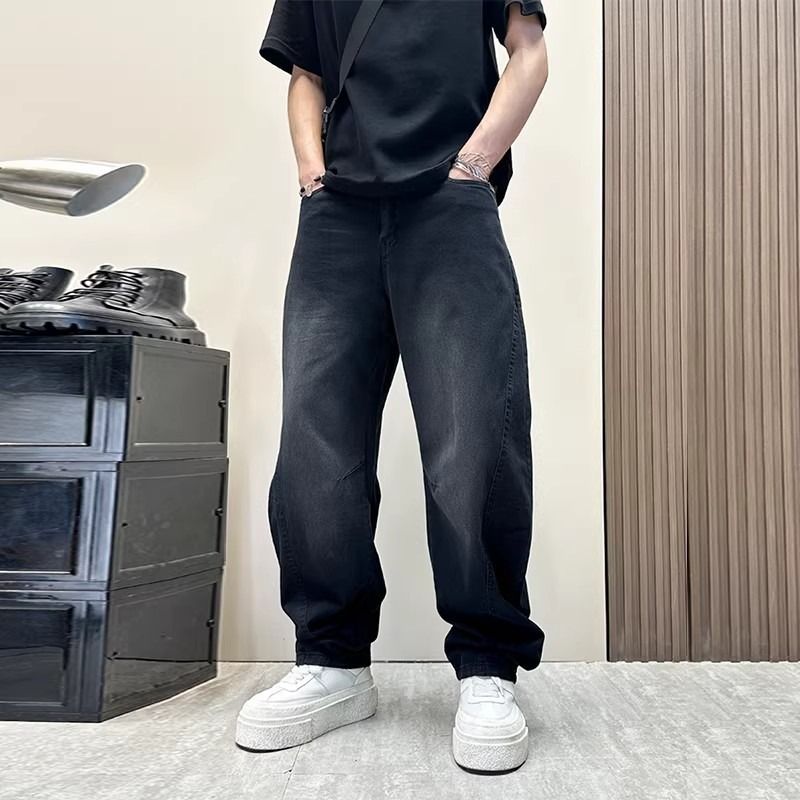 Men's American Retro Washed Distressed Black Gray Jeans Straight Leg Loose Fit Wide Leg Design Curved Blade Trousers Spring Autumn Style_mkmklike.com