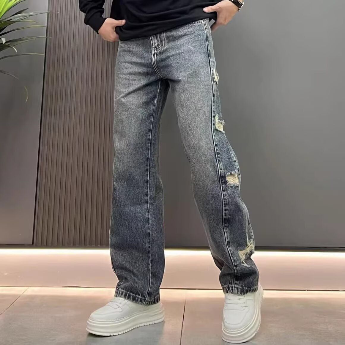 Men's Retro Distressed Denim Pants – Loose Straight-Leg Ripped Jeans With Vintage Wash, Classic Button Fly_mkmklike.com