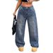 Blue Leopard Print Wide Leg Jeans High Waisted Loose Fitting Floor Length Retro American Style Women's Denim Pants_mkmklike.com