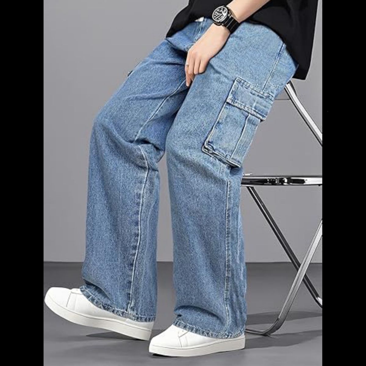 High Street Style Men's Cargo Jeans Multi Pocket Loose Fit Wide Leg Floor Length Drawstring Pants_mkmklike.com