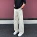 Casual Slanted Cut Jeans For Men, Autumn Trendy High Street Loose Straight Wide-leg Cleanfit Casual Pants_mkmklike.com