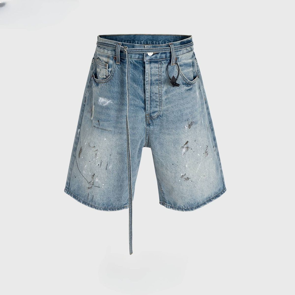 Men's Clothing Men's And Women's Spring And Summer New Ink Splashed Hand Painted Jeans, Unisex Long Belt Accessories, Blue Denim Shorts_mkmklike.com