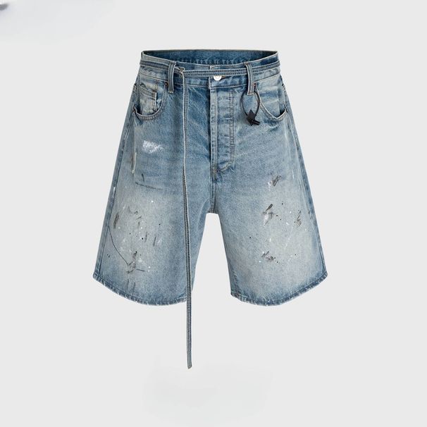 Men's Clothing Men's And Women's Spring And Summer New Ink Splashed Hand Painted Jeans, Unisex Long Belt Accessories, Blue Denim Shorts_mkmklike.com