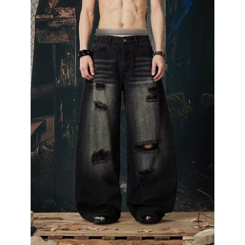 Plus Size Black Distressed Wide-Leg Jeans For Women – Edgy & Stylish Oversized Denim Pants With Asymmetrical Rips (Sizes S-3XL)_mkmklike.com