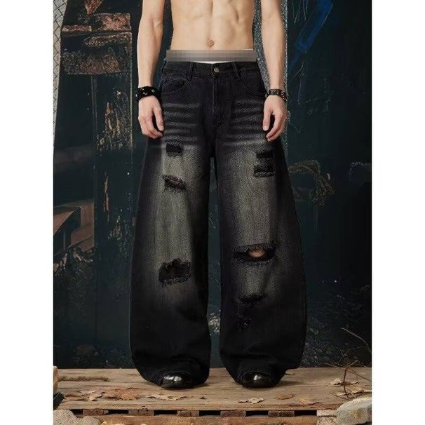 Plus Size Black Distressed Wide-Leg Jeans For Women – Edgy & Stylish Oversized Denim Pants With Asymmetrical Rips (Sizes S-3XL)_mkmklike.com