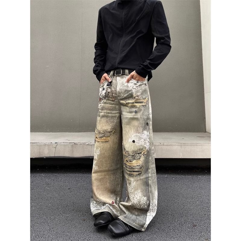 Men's Retro 3D Digital Print Jeans - Loose Fit Straight Leg Pants (Yellow Ochre, S-XXXL)_mkmklike.com