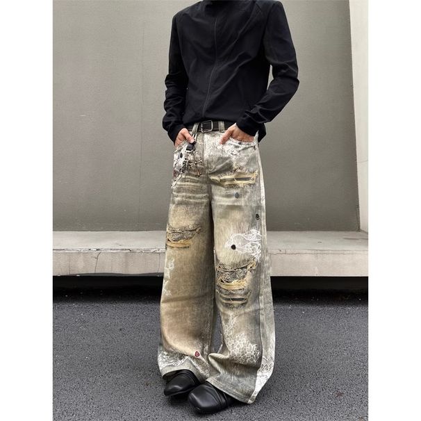 Men's Retro 3D Digital Print Jeans - Loose Fit Straight Leg Pants (Yellow Ochre, S-XXXL)_mkmklike.com