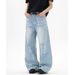 Men's Clothing Blue Straight Jeans Men And Women Spring New Style Cat Whisker Design Loose Wide Leg Casual Long Pants_mkmklike.com