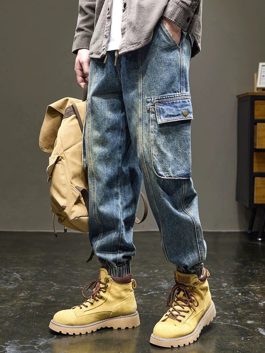 Men's Vintage Washed Cargo Pants – Retro Workwear Denim Joggers With Multi-Pockets (Sizes M-XXXL) Streetwear Utility Pants_mkmklike.com