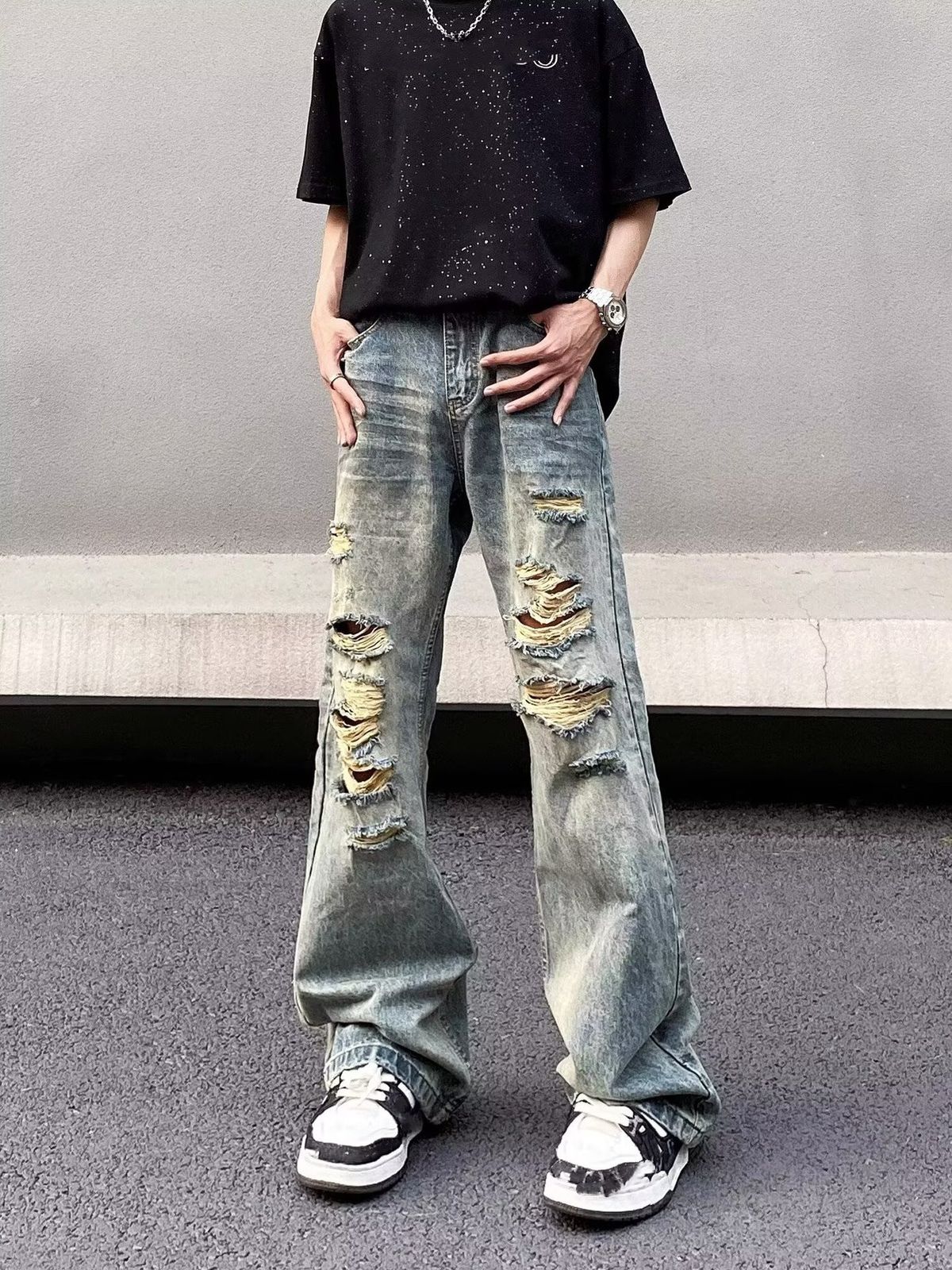 Men's Retro Washed Distressed Ripped Jeans Loose Straight Leg Trendy Flared Design Cool Casual Denim_mkmklike.com