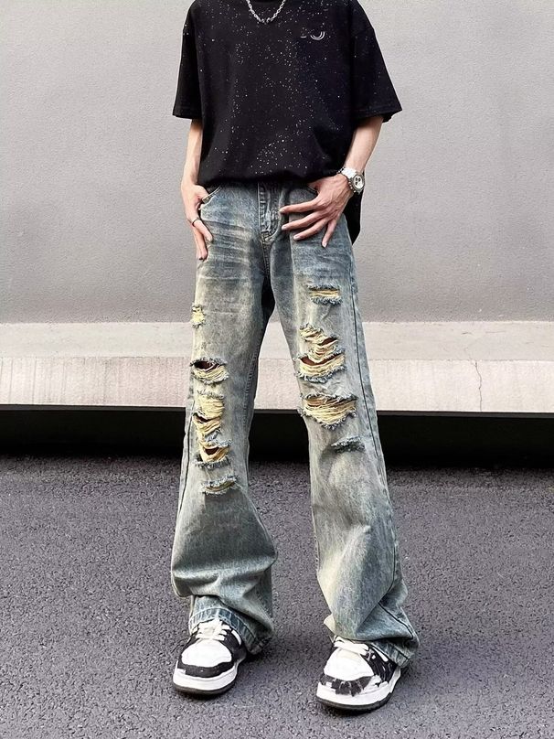 Men's Retro Washed Distressed Ripped Jeans Loose Straight Leg Trendy Flared Design Cool Casual Denim_mkmklike.com