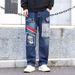 "Men's Distressed Wide-Leg Denim Pants – Fleece-Lined, Loose Fit, Patchwork Design (Blue/Black, Sizes 28-38)"_mkmklike.com
