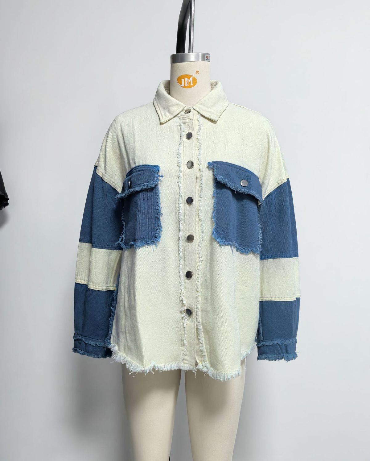 K New Retro Color Blocked Denim Jacket With Lapel And Casual Distressed Edge For Women_mkmklike.com