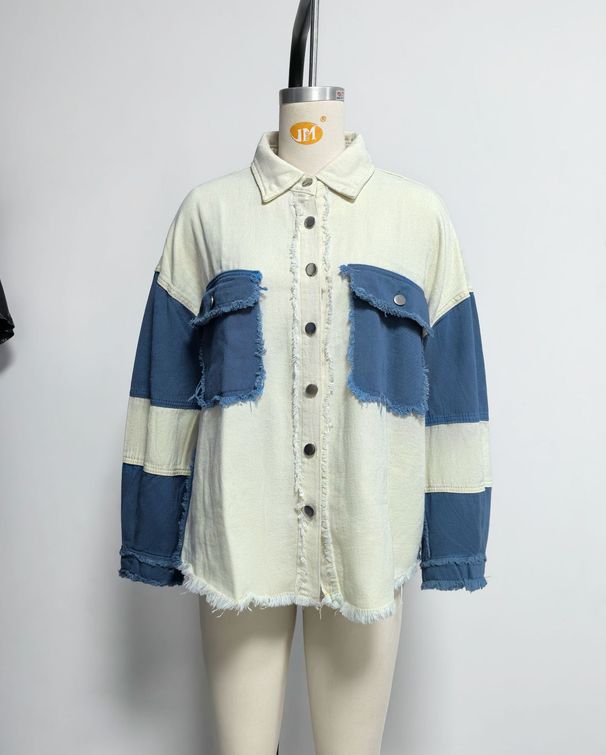 K New Retro Color Blocked Denim Jacket With Lapel And Casual Distressed Edge For Women_mkmklike.com