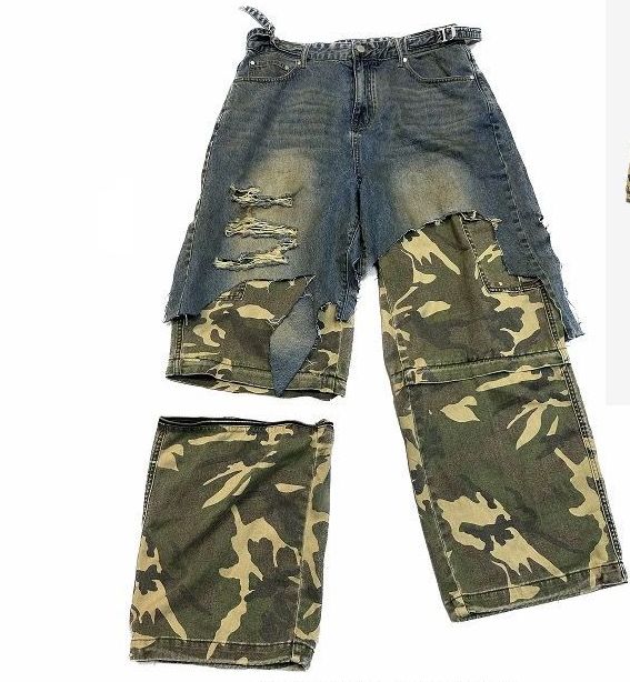Men's Clothing Spring And Summer Washed Distressed Holes Two Piece Camouflage Denim Stitching Detachable Trousers Cropped Trousers Baggy_mkmklike.com