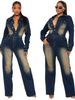 Women's Clothing 6027 Slim Elastic Flared Washed Long Sleeved Denim Jumpsuit Jumpsuit_mkmklike.com