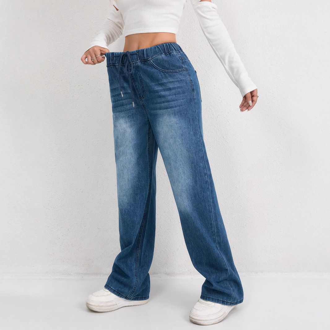 Women's Clothing High Waist Plus Size Wide Leg Comfortable Washed Denim Jeans With Drawstring - Trendy Casual Streetwear (XS-5XL, Deep Sky Blue)_mkmklike.com