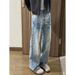 Light Blue Heavyweight Jeans Lightning Bolt Pattern Straight Leg Washed Gradient Flared Trousers American High Street Style_mkmklike.com